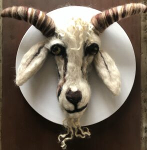 Merryl Shand's felted goat head, titled "Silly Billy"