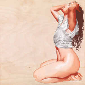 Christina Cerquiera's pastel painting of a sensual woman kneeling on the ground and combing her hands through her hair