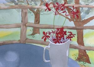 Katy Hood's painting titled "Red Geraniums Tuscany"